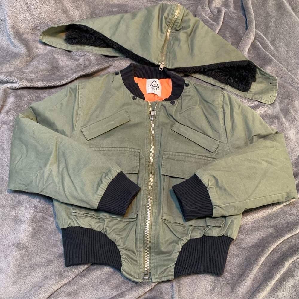 UNIF x Urban Outfitters Green / Black Bomber Jacket (Removable Faux Fur Hood)